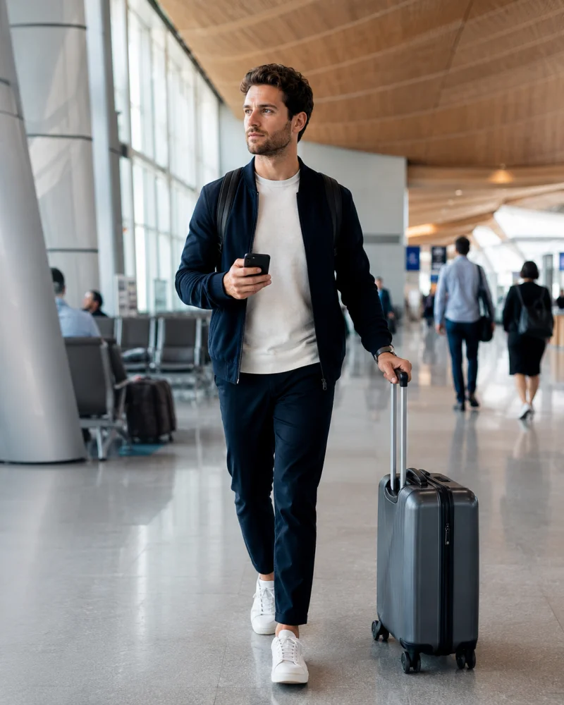 Travelers walking through a busy airport terminal toward Gate 4